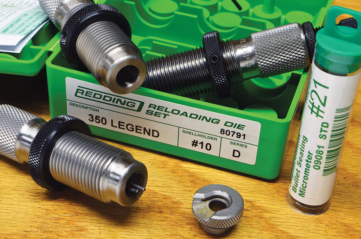 Redding dies for the 350 Legend cover every base, with an expander die, a sizing die that imparts a shadow shoulder and a seating die that irons out the bell and imparts a taper crimp.